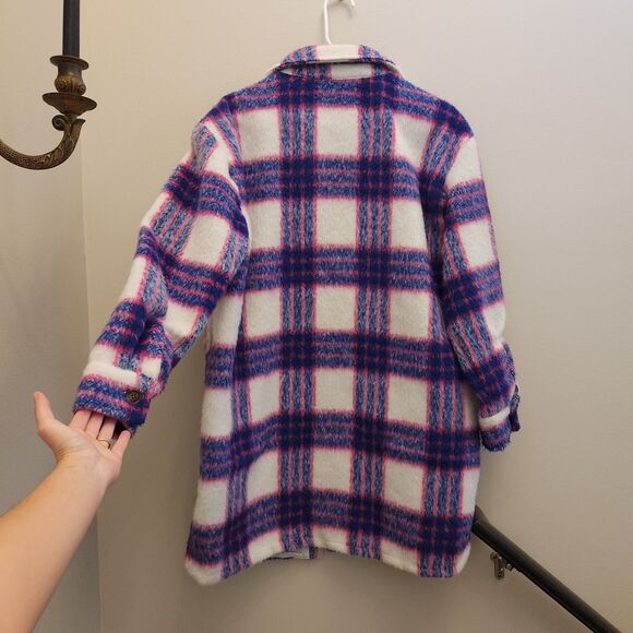 STEVE MADDEN NYC Pink & Blue Plaid Jacket Long Oversized Coat Shacket Sz M City - Picture 6 of 9